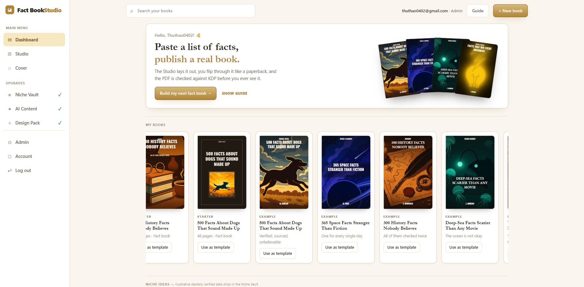 Fact Book Studio Dashboard Showcase: Library of finished books with AI covers, ready to open, clone or build